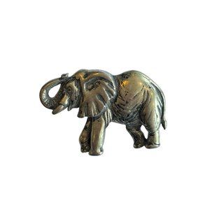 Lucky Elephant Goldtone Brushed Black Brooch 2" Trunk Up